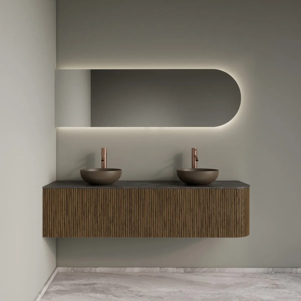 Gliss Design Alluro badmeubel ribbelfront met ronding rechts 160cm castle brown en zwart leisteen toppaneel