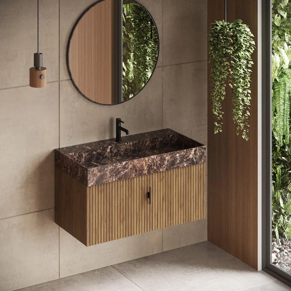 Muebles Zahora badmeubel ribbelfront 100cm eiken met Dark Emperador wastafel met kraangat