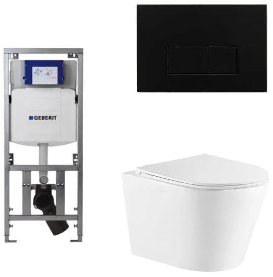 QeramiQ Dely Toiletset - 36.3x51.7cm - diepspoel - rimless - Geberit UP320 Burda inbouwreservoir - softclose toiletzitting - mat zwarte bedieningsplaat - rechtehoekige knoppen - wit glans SW1026255/0701131/SW706193/SW1159504
