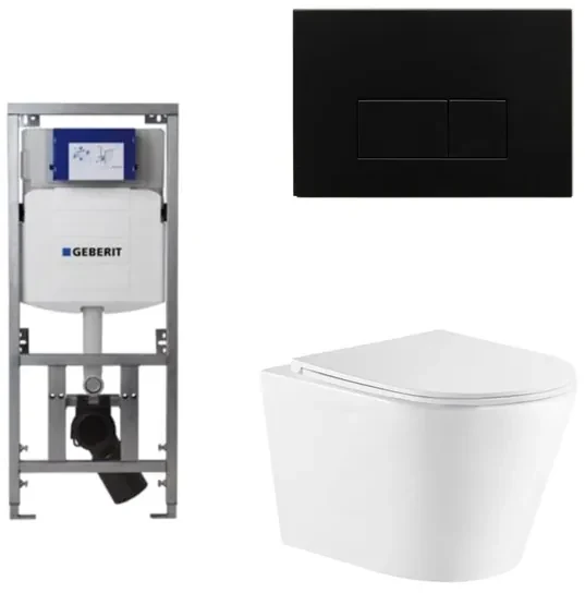 QeramiQ Dely Toiletset - 36.3x51.7cm - diepspoel - rimless - Geberit UP320 Burda inbouwreservoir - softclose toiletzitting - mat zwarte bedieningsplaat - rechtehoekige knoppen - wit glans SW543431/0701131/SW706193