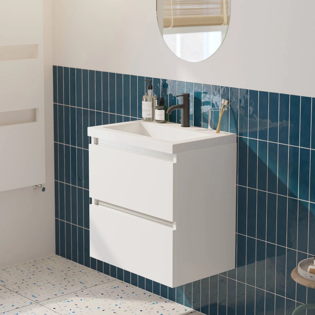 Saqu Gaia ondiep badmeubel incl. glans witte wastafel 60x40x64cm glans wit – aluminium greeplijst