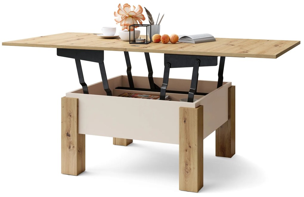 Mazzoni OSLO eiken artisan / beige, uitklapbare salontafel met in hoogte verstelbaar blad