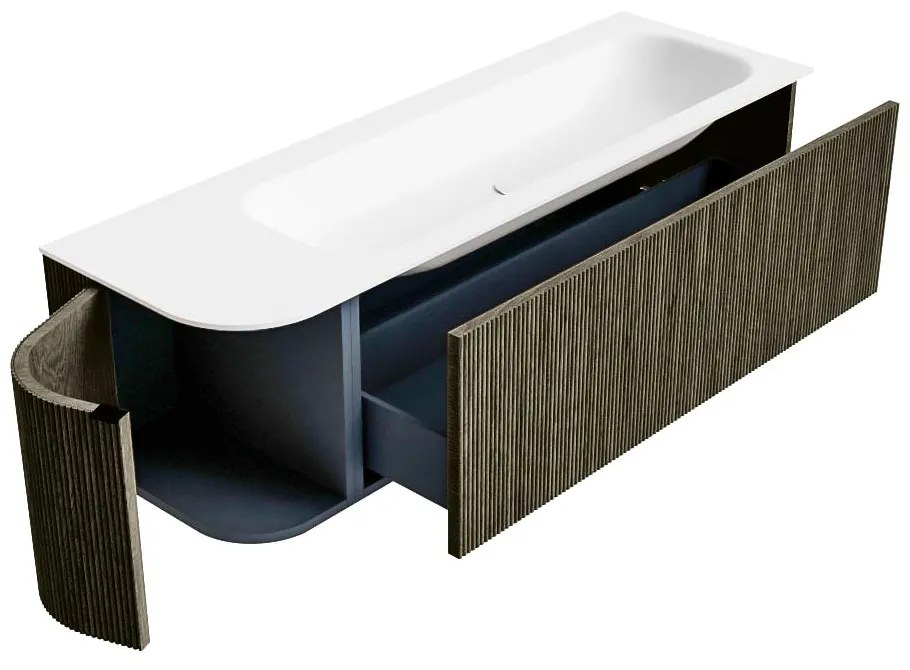 Mondiaz Kurve 145cm badmeubel ronding links shadow met 1 lade en deur en wastafel big large rechts 2 kraangaten