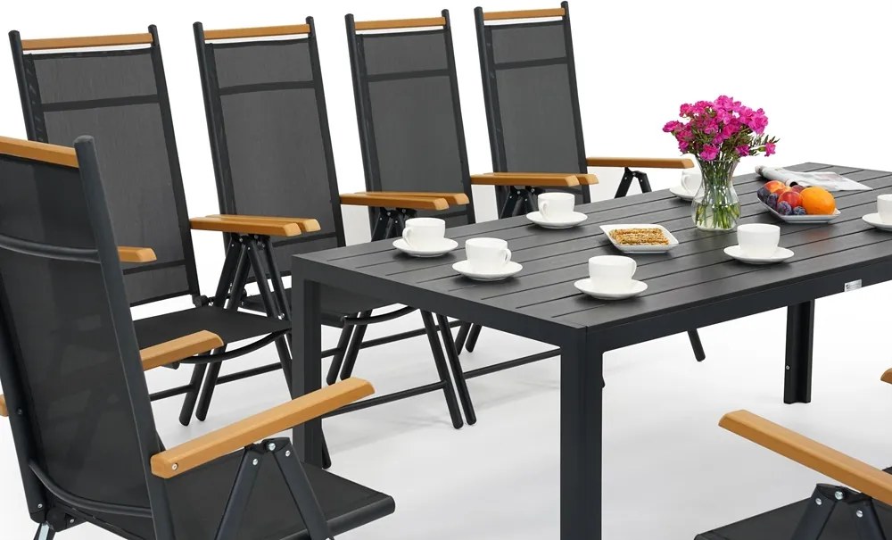 Verona Wood polywood aluminium tuinmeubelen met grote tafel voor 10 personen Garden Point zwart