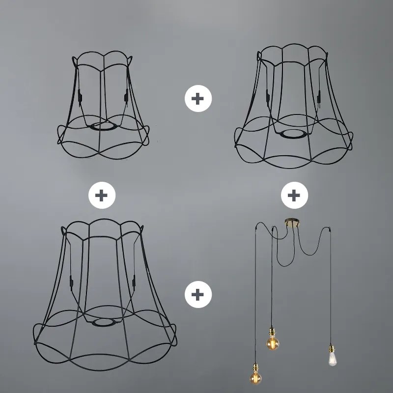 Retro hanglamp zwart 3-lichts - Granny Frame Retro Minimalistisch E27 Draadlamp rond Binnenverlichting Lamp