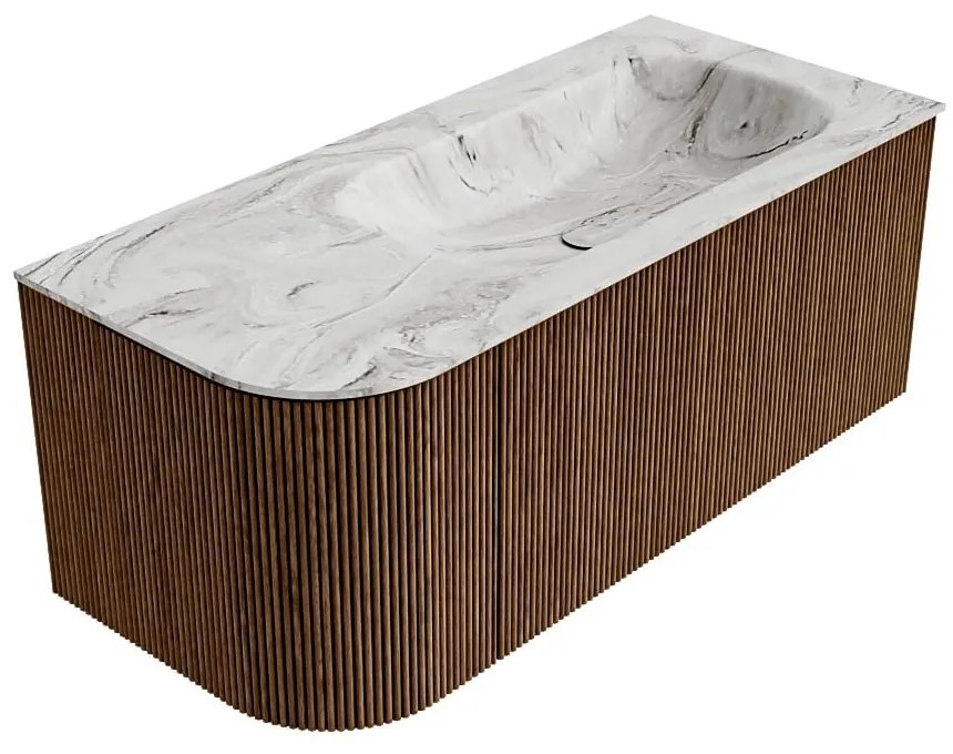 Mondiaz Kurve-dlux 105cm badmeubel ronding links walnut met 1 lade en deur en wastafel big small kraangat rechts glace