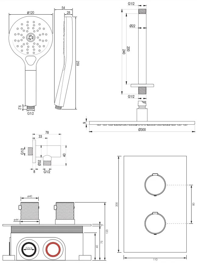 Brauer Copper Carving complete inbouw regendouche set 36 met 30cm douchekop, plafondarm en 3 standen handdouche geborsteld koper PVD