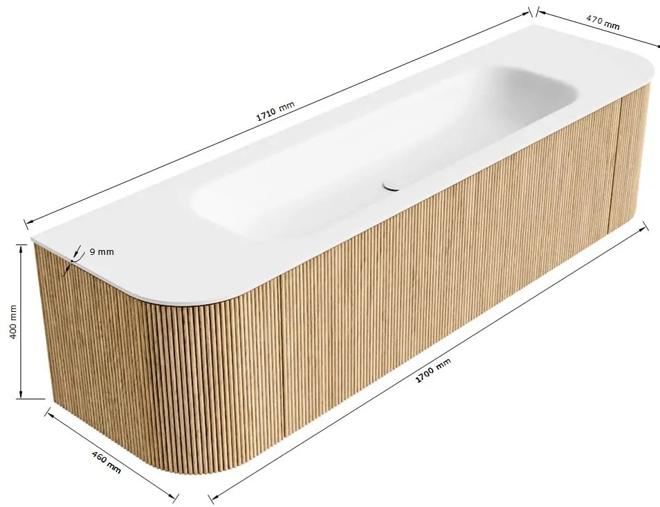 Mondiaz Kurve 170cm badmeubel ronding links/rechts oak met 1 lade en 2 deuren en wastafel big large midden 1 kraangat