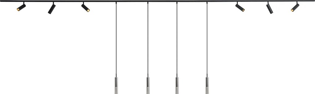 Modern railsysteem zwart met 6 spots en 4 hanglampen 1-fase - Slimline Uzzy Loyce