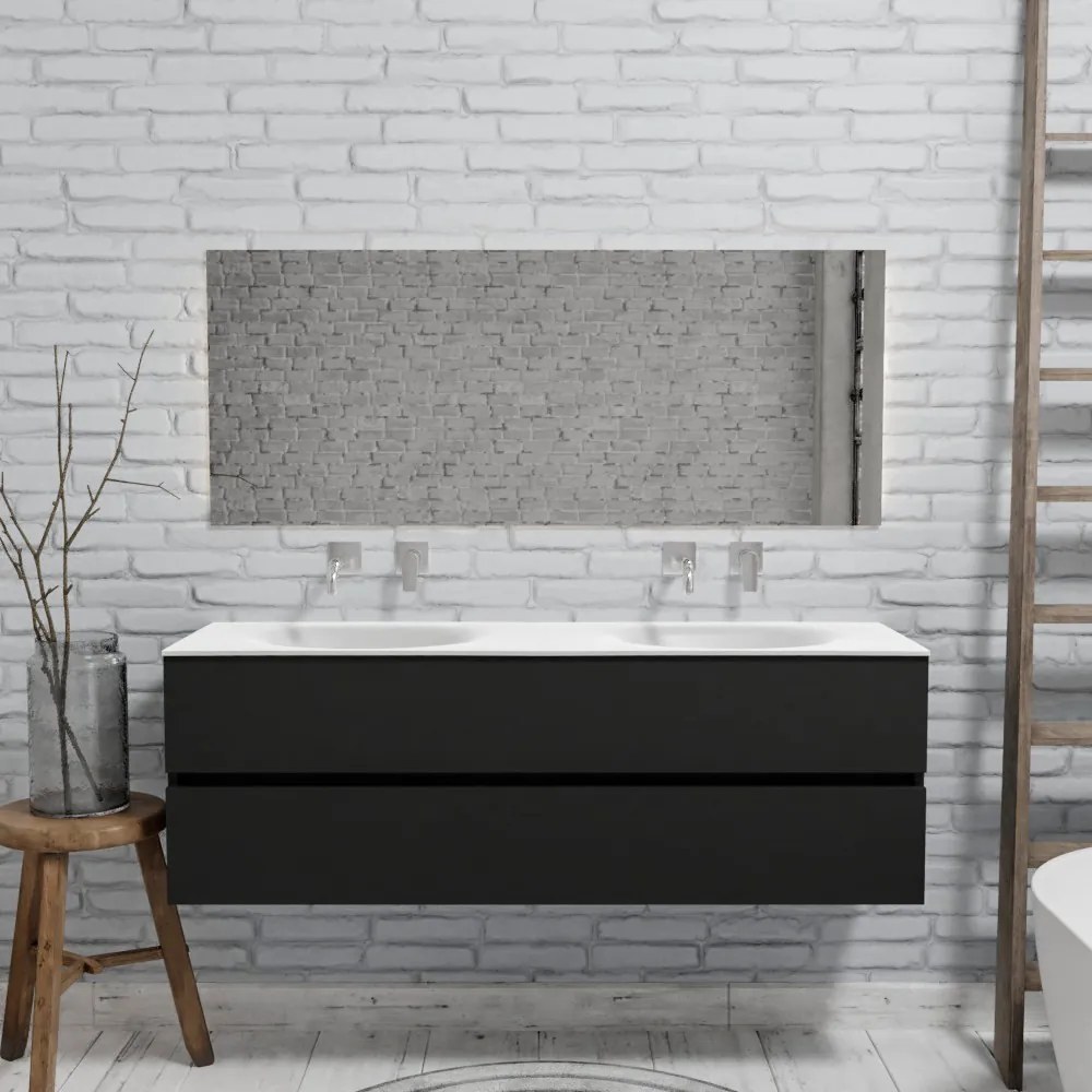 Zaro Sevilla Solid Surface badmeubel 150cm mat zwart geen kraangat met 2 lades dubbele spoelbak