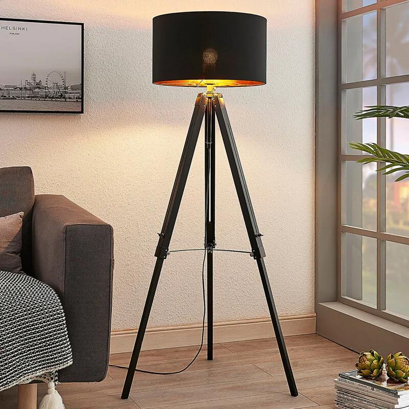 Tripod vloerlamp Triac met houten frame, zwart - lampen-24