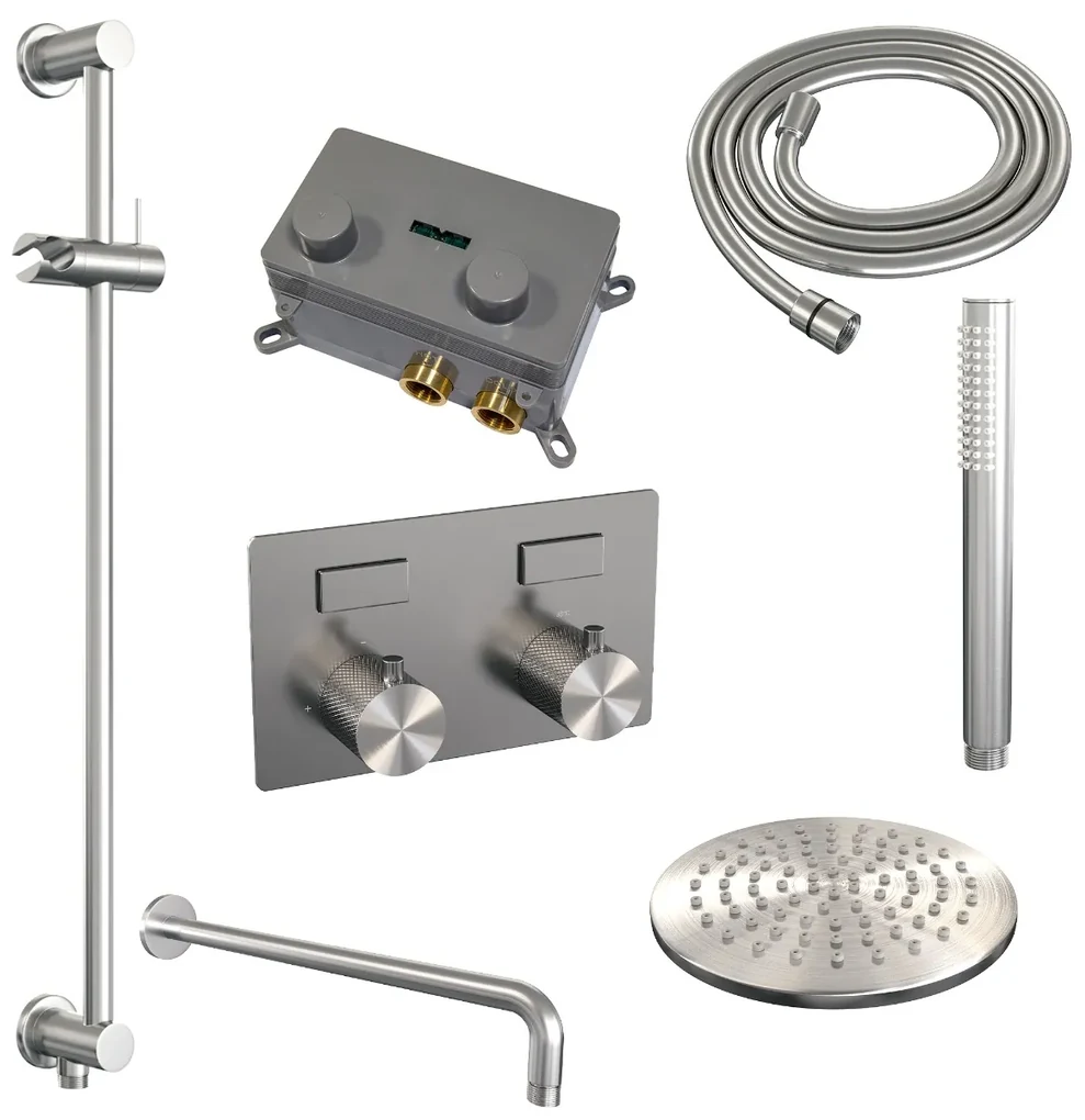 Brauer Brushed Carving thermostatische inbouw regendouche met staafhanddouche, gebogen muurarm, glijstang en hoofddouche 20cm set 63 RVS geborsteld PVD