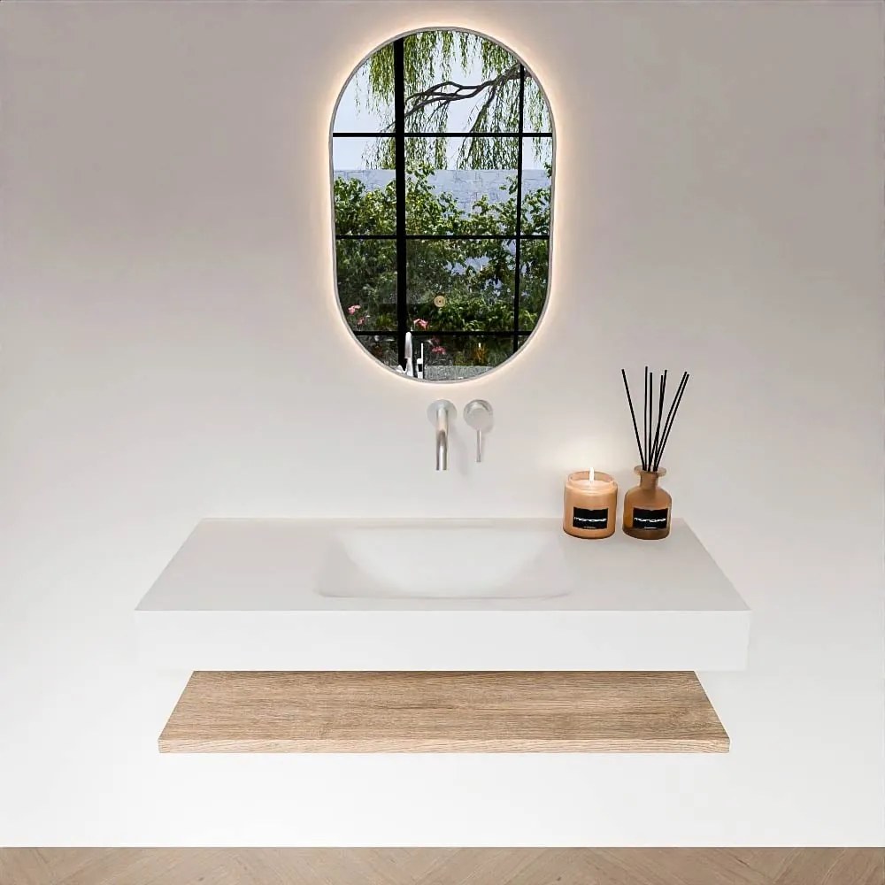 Zaro Alan badmeubel 110cm met planchet washed oak en vrijhangende wastafel cloud midden zonder kraangat talc