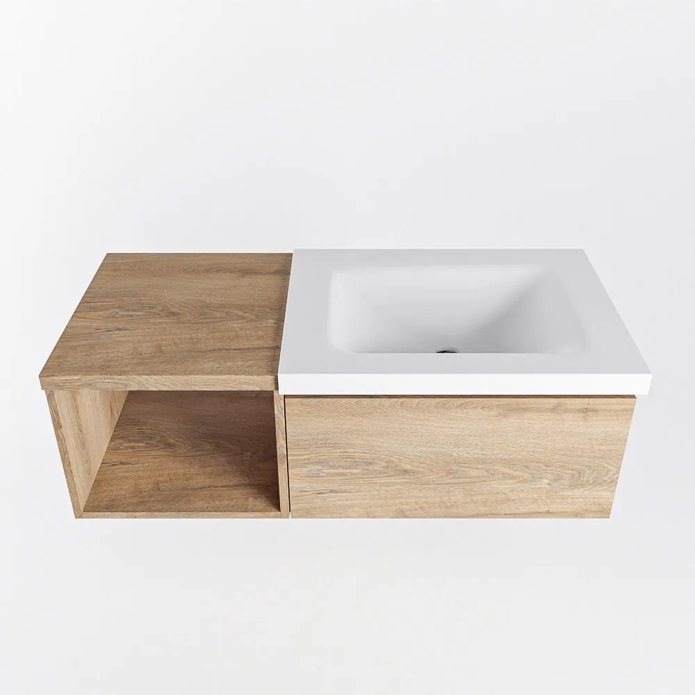 Mondiaz Bukla 100cm badmeubel met open module 40 Washed Oak met 1 lade wastafel Cloud rechts 1 kraangat Talc