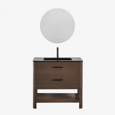 Badkamermeubelset In Hout Met Geïntegreerde Wastafel Misene Donker Hout & Round Led And Antifog Ø70 Cm Riben & Mat Zwart ↑20 - Sklum