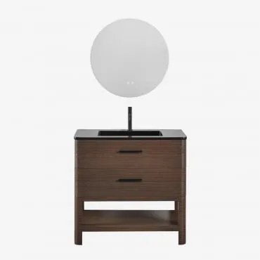 Badkamermeubelset In Hout Met Geïntegreerde Wastafel Misene Donker Hout & Round Led And Antifog Ø70 Cm Riben & Zwart ↑20 - Sklum