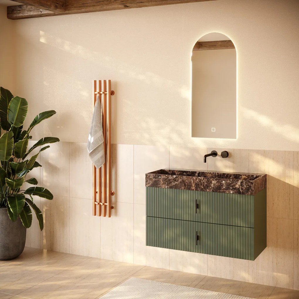 Muebles Murcia badmeubel ribbelfront 100cm legergroen met Dark Emperador wastafel zonder kraangat