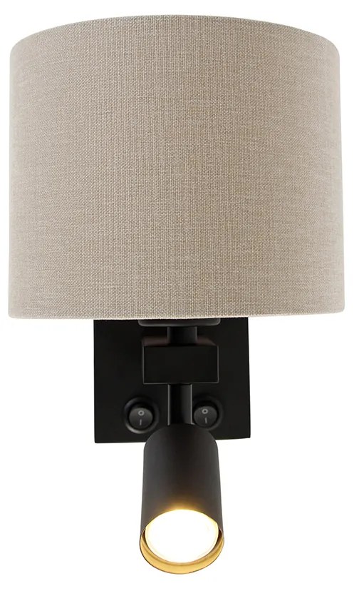 Wandlamp zwart met leeslamp en kap 18 cm lichtbruin - Brescia Modern E27 vierkant Binnenverlichting Lamp