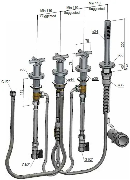 Hotbath Chap badrandcombinatie met 2 stopkranen geborsteld messing PVD
