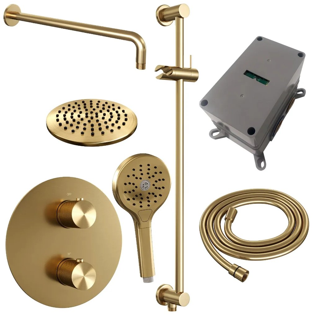 Brauer Gold Carving thermostatische inbouw regendouche met 3 standen handdouche, gebogen muurarm, glijstang en hoofddouche 20cm set 93 messing geborsteld PVD