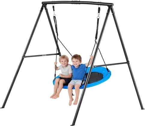 VEVOR tuinschommel met A-vormig metalen frame, schommelzitje (101,6 cm hoog), draagvermogen tot 199,6 kg, buitenschommelset, verstevigd met spiraalvormige grondankers, schotelschommel, zwart/blauw