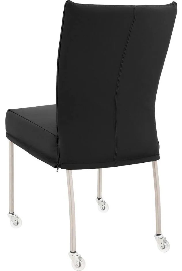 Goossens Eetkamerstoel Funk RVS Poten zwart leer leuning en Transparant skater wiel met rvs kapmet wielen, modern design