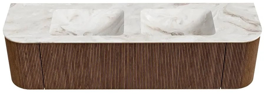 Mondiaz Kurve-dlux 170cm badmeubel ronding links/rechts walnut met 1 lade en 2 deuren en wastafel leaf dubbel 2 kraangaten frappe