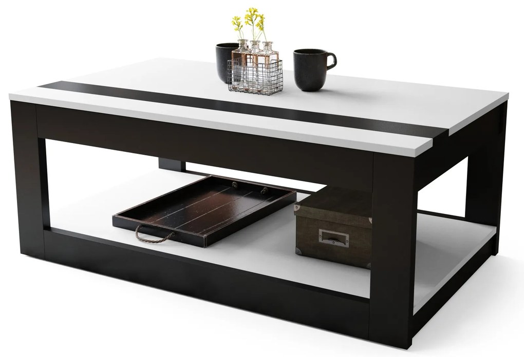 LUSSO Wit Mat/Zwart Mat - MODERNE SALONTAFEL MET VERHOOGD BLAD + OPBERGRUIMTE + SCHAP (OP WIELEN!)