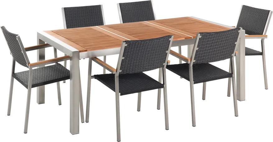 Tuinset mahoniehout/RVS 180 x 90 cm met 6 stoelen zwart rotan GROSSETO