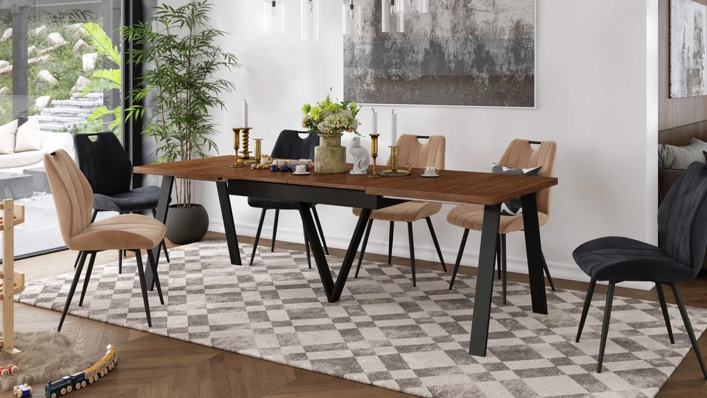 AVERY Doubs-noten/onderkant zwart - LOFT/INDUSTRIËLE TAFEL VOOR WOONKAMER/EETKAMER UITKLAPBAAR TOT 330 cm!