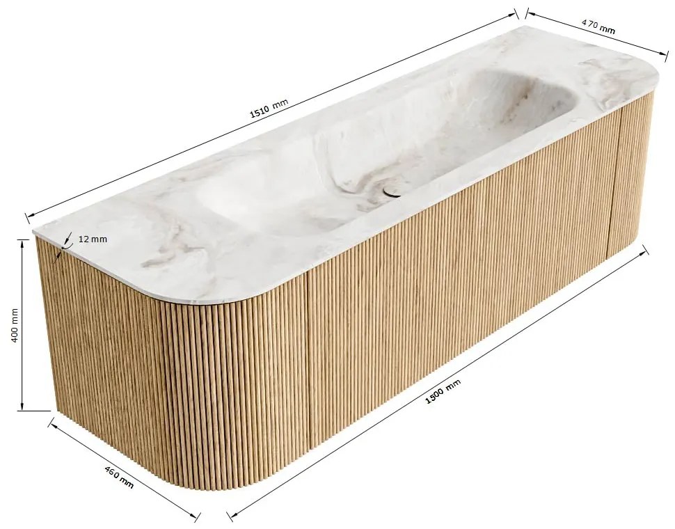 Mondiaz Kurve-dlux 150cm badmeubel ronding links/rechts shadow met 1 lade en 2 deuren en wastafel big medium midden zonder kraangat glace