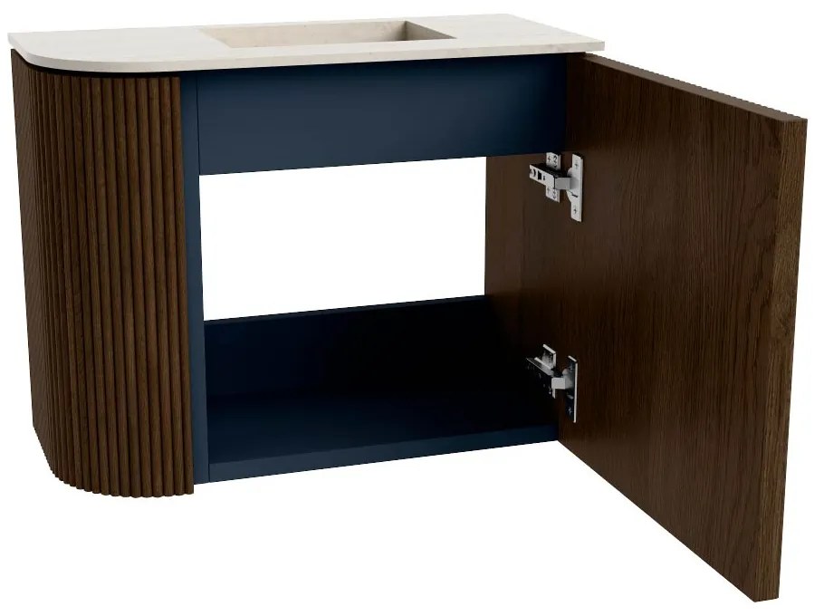 Mondiaz Joya DLux 50cm toiletmeubel ronding links walnut met wastafel faye rechts 1 kraangat meli