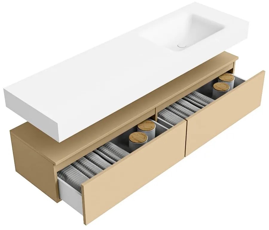 Zaro Alan badmeubel 160cm sand 2 lades met vrijhangende wastafel cloud rechts zonder kraangat talc