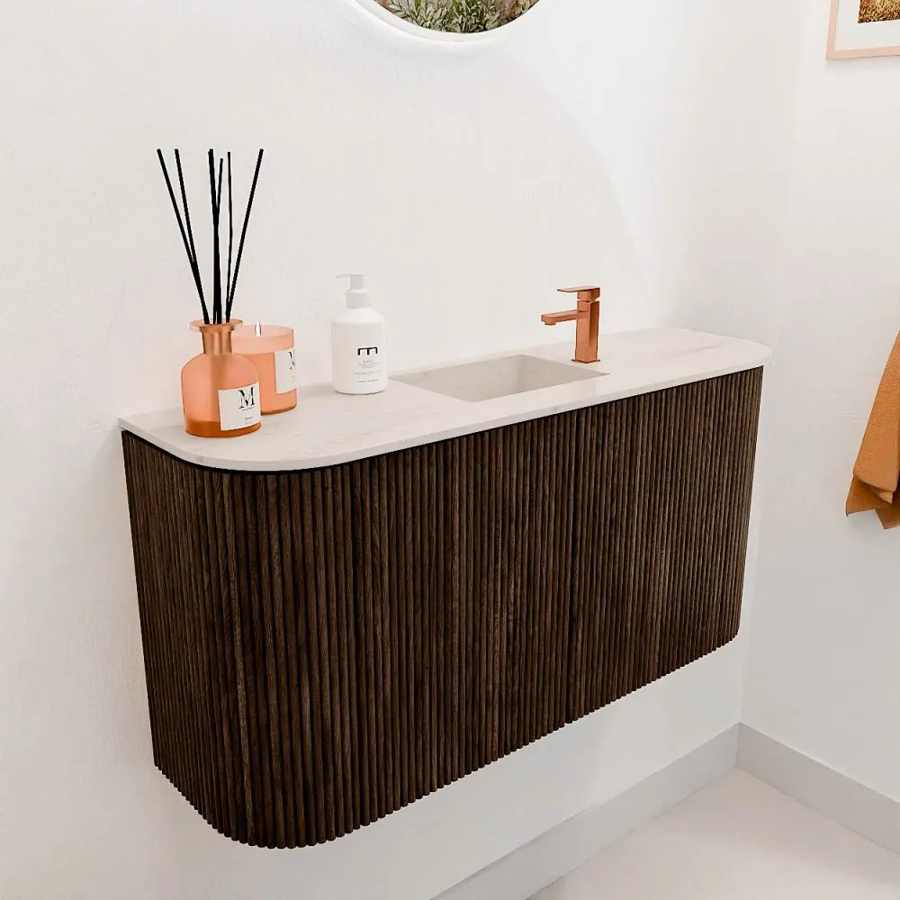 Mondiaz Joya DLux 85cm toiletmeubel ronding links/rechts walnut met wastafel faye midden 1 kraangat meli