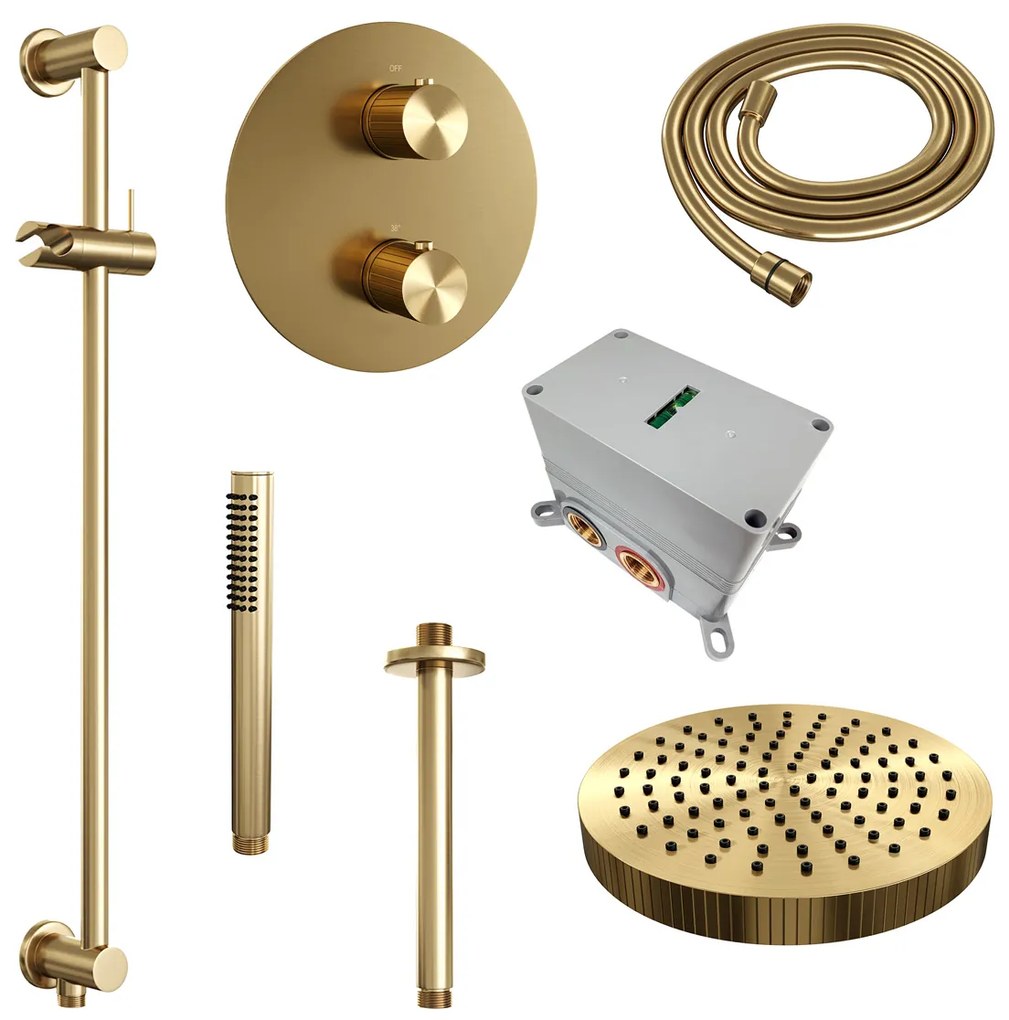 Brauer Stripe inbouw regendouche rond met 25cm hoofddouche, rond met plafondarm, glijstang en staafhanddouche set 45 messing geborsteld PVD