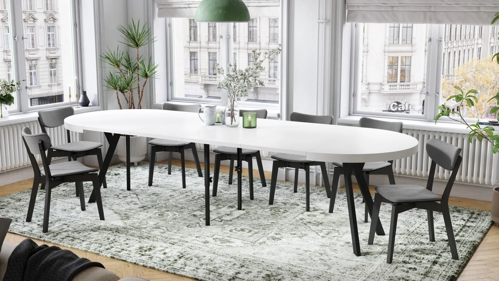 EXPANSO Wit mat/zwarte poten - GROTE RONDE TAFEL Ø110 UITBREIDBAAR TOT 310 cm met Y-POTEN LOFT/INDUSTRIAL