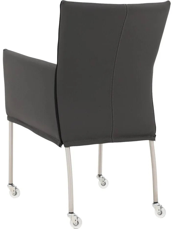 Goossens Eetkamerstoel Funk RVS Poten donkergrijs leer met armleuning en Transparant skater wiel met rvs kapmet wielen, modern design