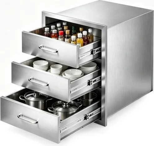 VEVOR Buitenkeukenlades 46 x 59 x 59 cm (B x D x H), Grilllades met 3 lades en roestvrijstalen handgrepen, Grilllades voor buitenkeuken en grilleiland/terrasgrillstation