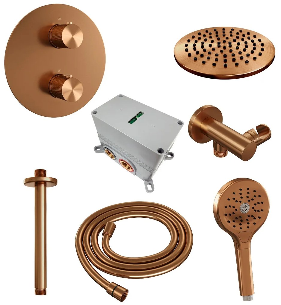 Brauer Copper Carving thermostatische inbouw regendouche met 3 standen handdouche, plafondarm en hoofddouche 20cm set 83 koper geborsteld PVD