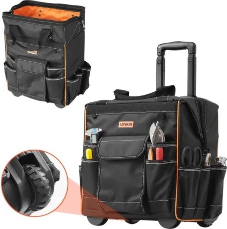 VEVOR Gereedschapstas met wielen, draagvermogen 50 kg, 25 zakken, werktas, verstelbare telescopische handgreep en stabiele standaard, gereedschapstasorganizer voor de bouw, monteurs, 390 x 290 x 420 mm