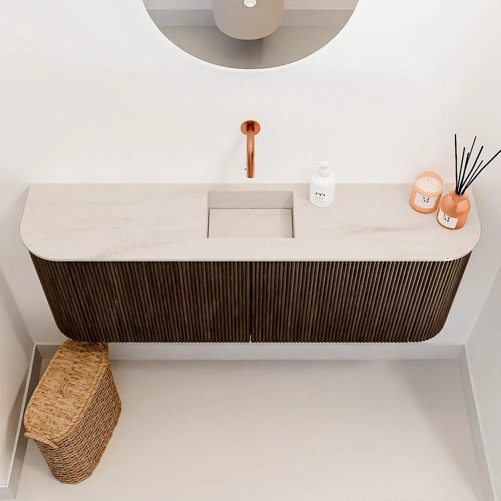 Mondiaz Joya DLux 115cm toiletmeubel ronding links/rechts walnut met wastafel faye midden zonder kraangat meli