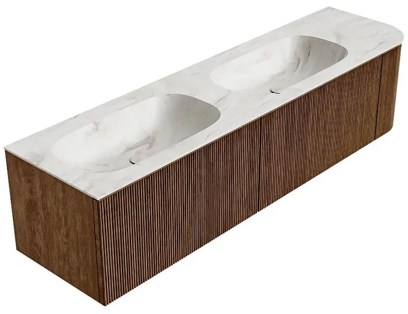 Mondiaz Kurve-dlux 175cm badmeubel ronding rechts walnut met 2 lades en 1 deur en wastafel stor small dubbel/links zonder kraangat ostra