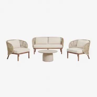 Tuinset Met 2-zitsbank, 2 Capri Fauteuils En Ronde Salontafel Ø75 Cm In Layana Cement Beige – Crème - Sklum