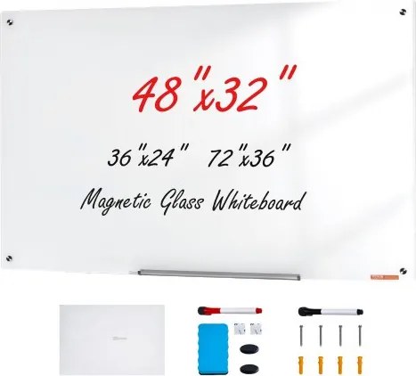 VEVOR Magnetisch Glazen Whiteboard, Whiteboard 120 x 80 cm, Wandgemonteerd Wit Glazen Bord zonder Frame, met Pennenbakje, Wisser &amp; 2 Pennen, Magnetisch Bord Wit