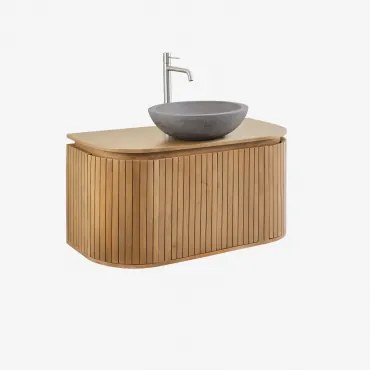 Conjunto Vaniteitmeubel 90x40 Cm Zwevend In Mangohout Analis Mangohout & Rond Grijs Cement Ø40 Cm Tarsis & Spiegelloze & Geborsteld Grijs ↑30 Cm Met A
