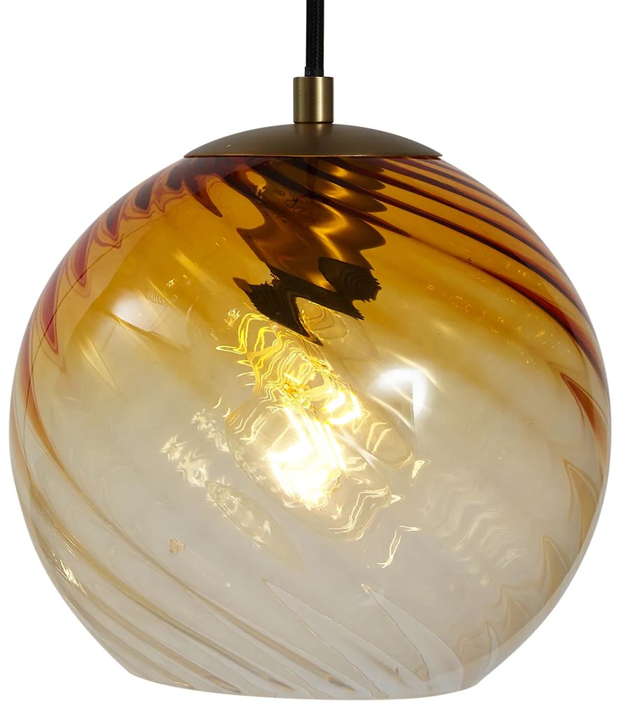 Hanglamp brons met smoke amber en groen glas rond 4-lichts - Bao