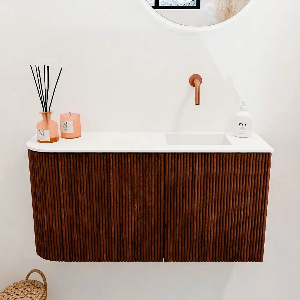 Mondiaz Joya 80cm toiletmeubel ronding links ruby met wastafel faye rechts zonder kraangat talc