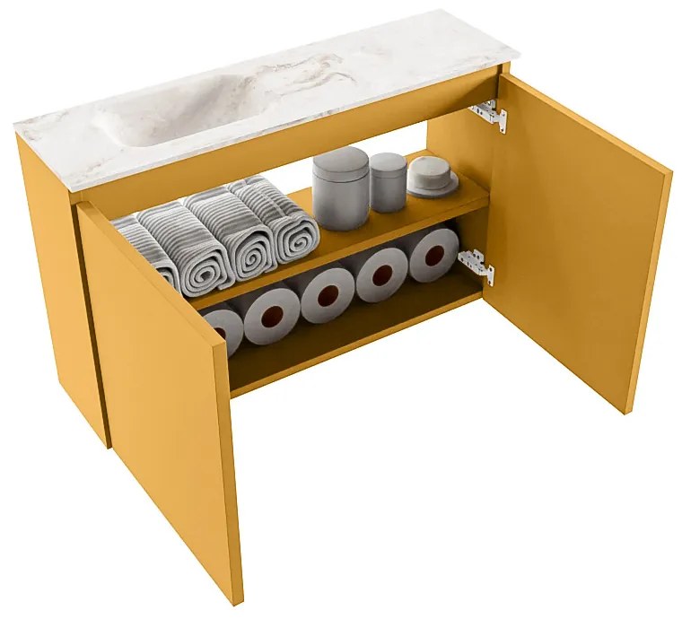 Mondiaz Ture DLux toiletmeubel 80cm ocher met wastafel frappe links met kraangat