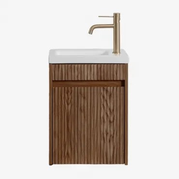 Badmeubelset Hout Met Geïntegreerde Wastafel Narek Donker Hout & Spiegelloze & Goud ↑20 Cm Met Aftapkraan Zonder Overloop - Sklum