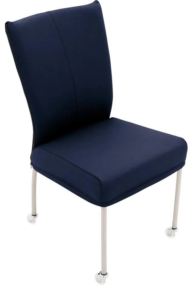 Goossens Eetkamerstoel Funk RVS Poten blauw leer leuning en Transparant skater wiel met rvs kapmet wielen, modern design